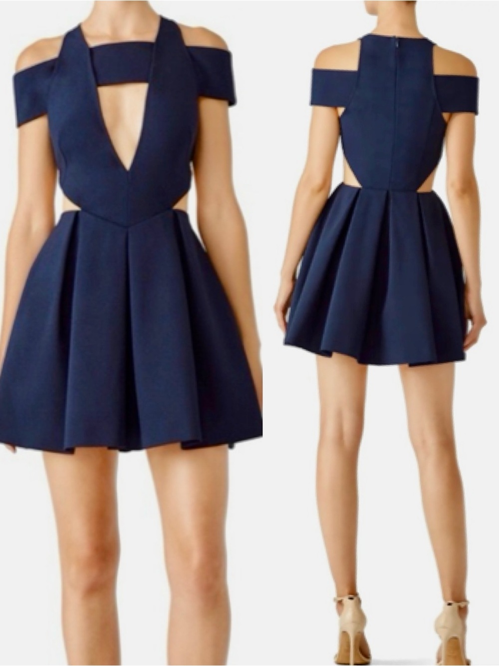 AQ/AQ Flared Navy Blue Cut-Out Mini Dress for Prom Cocktail Wedding Party Guest